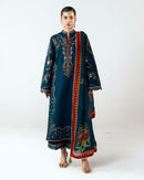 HUSSAIN REHAR-3PC DHANAK EMBROIDERED SHIRT WITH COUTRAI PRINTED SHAWL AND EMB TROUSER-BIC-5172