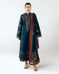 HUSSAIN REHAR-3PC DHANAK EMBROIDERED SHIRT WITH COUTRAI PRINTED SHAWL AND EMB TROUSER-BIC-5172