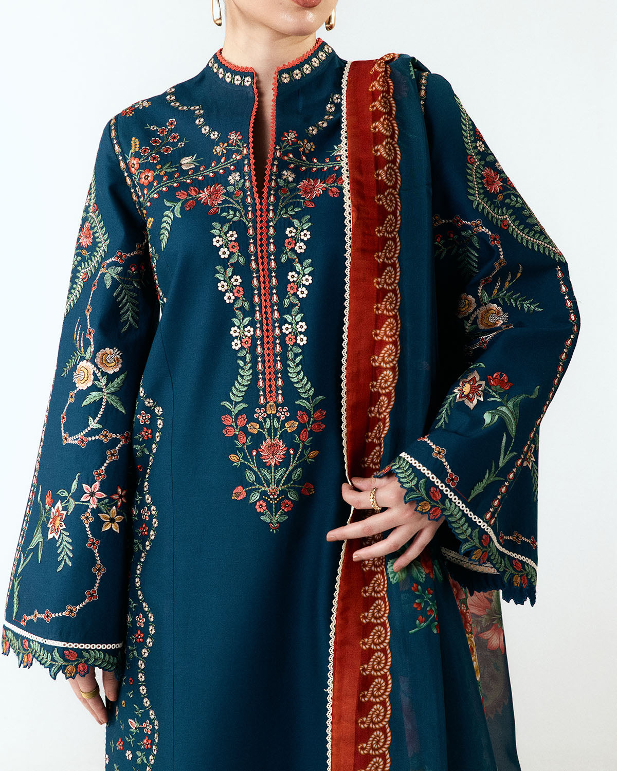 HUSSAIN REHAR-3PC DHANAK EMBROIDERED SHIRT WITH COUTRAI PRINTED SHAWL AND EMB TROUSER-BIC-5172