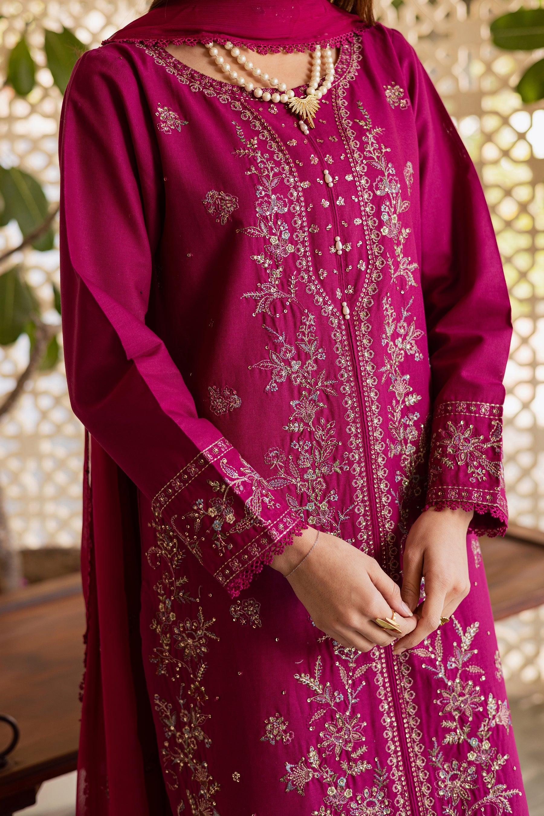 BATIK-3PIECE DHANAK SEQUINS EMBROIDERED SHIRT WITH CHIFFON EMBROIDERED DUPATTA AND TROUSER-BIC-5076
