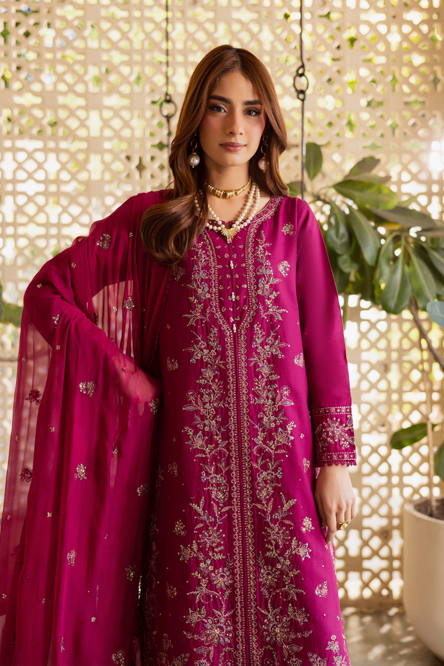 BATIK-3PIECE DHANAK SEQUINS EMBROIDERED SHIRT WITH CHIFFON EMBROIDERED DUPATTA AND TROUSER-BIC-5076