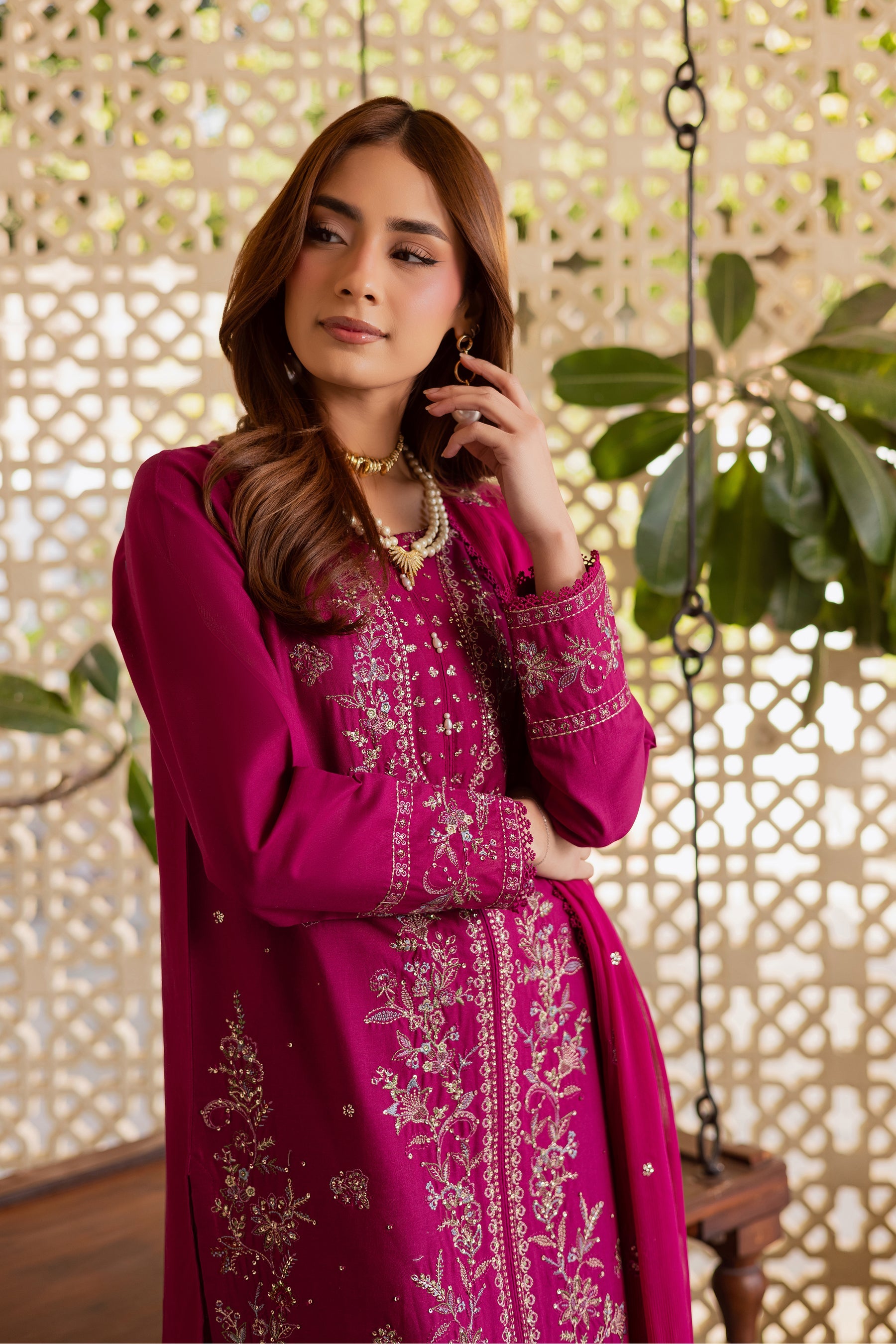 BATIK-3PIECE DHANAK SEQUINS EMBROIDERED SHIRT WITH CHIFFON EMBROIDERED DUPATTA AND TROUSER-BIC-5076