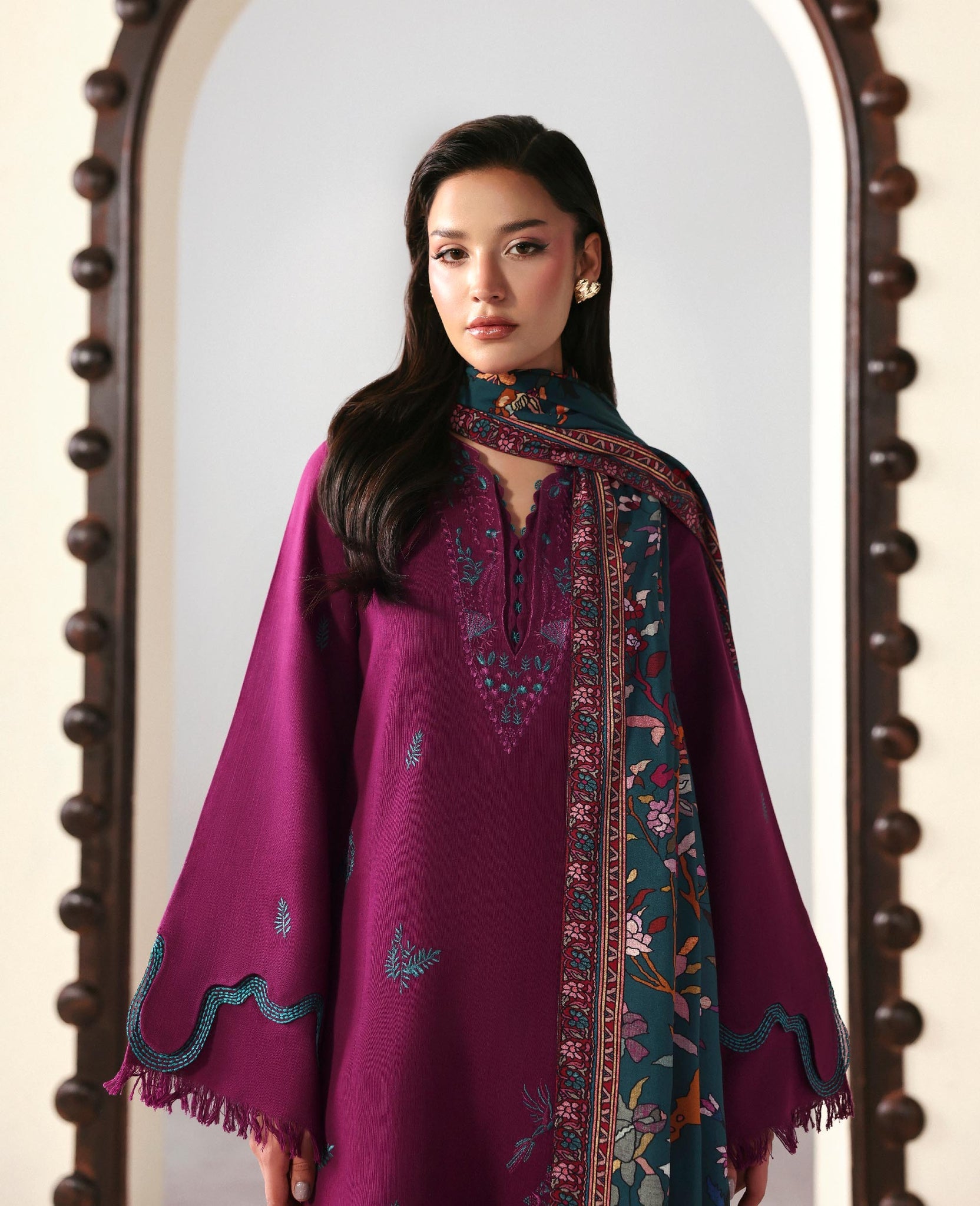 REPUBLIC -3PC DHANAK EMBROIDERED SHIRT WITH WOOL PRINT SHAWL AND TROUSER -BIC-5175