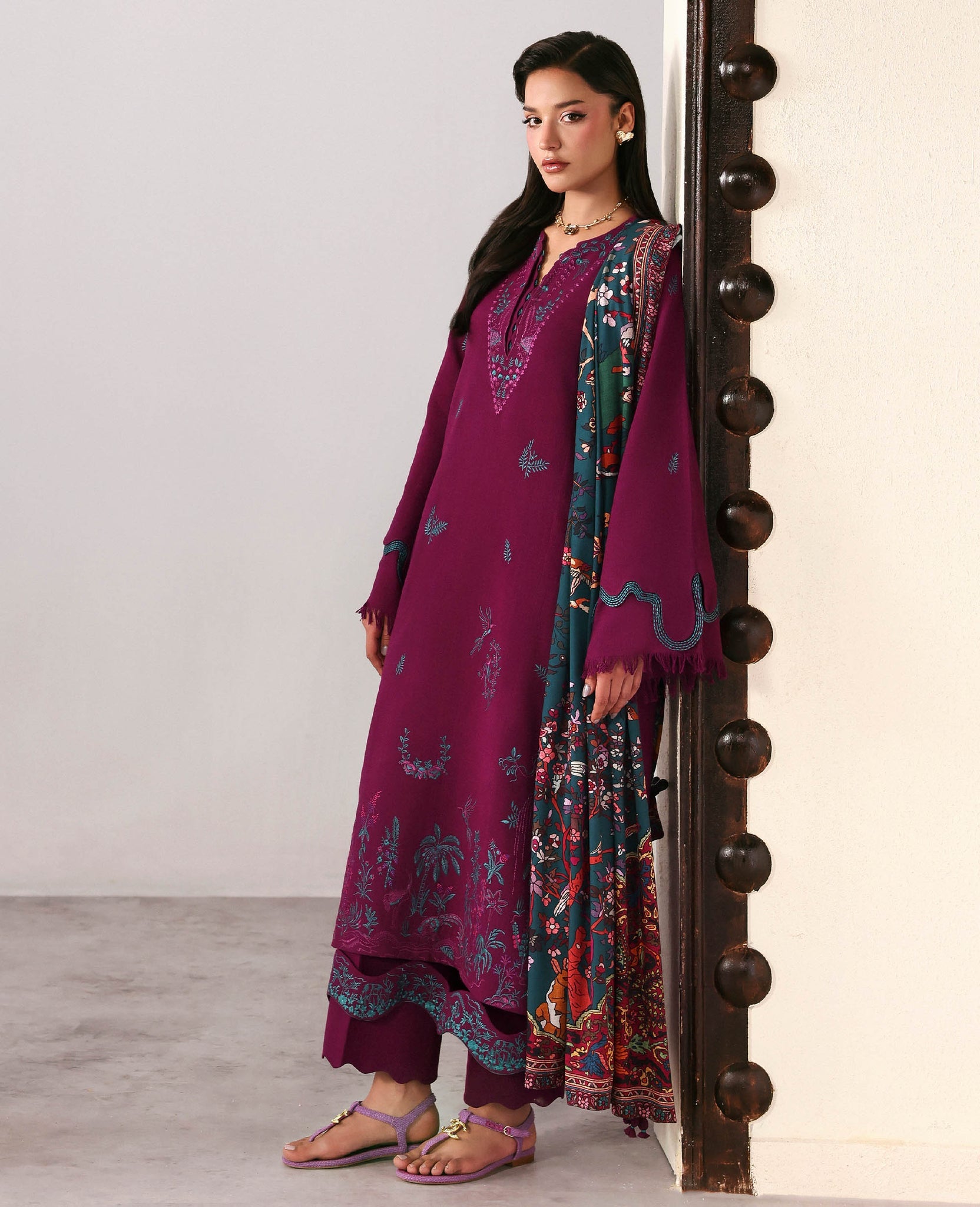 REPUBLIC -3PC DHANAK EMBROIDERED SHIRT WITH WOOL PRINT SHAWL AND TROUSER -BIC-5175