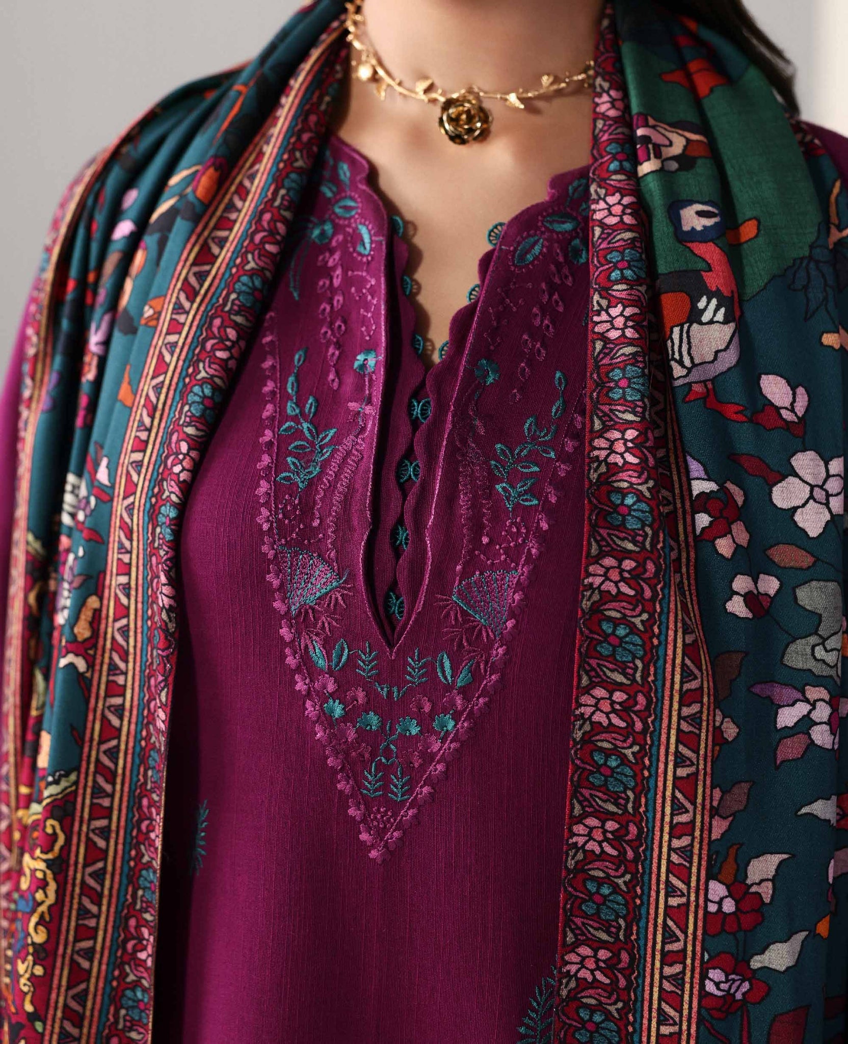 REPUBLIC -3PC DHANAK EMBROIDERED SHIRT WITH WOOL PRINT SHAWL AND TROUSER -BIC-5175