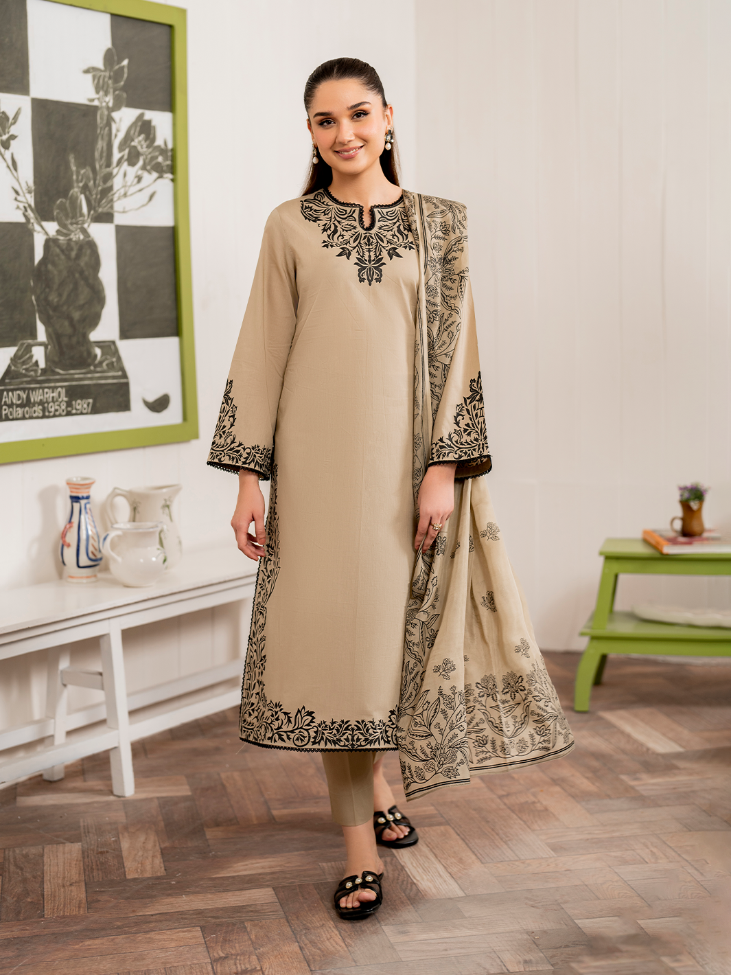 GARNET-3PC DHANAK EMBROIDERED SHIRT WITH COUTRAI PRINT SHAWL AND TROUSER-BIC-4108