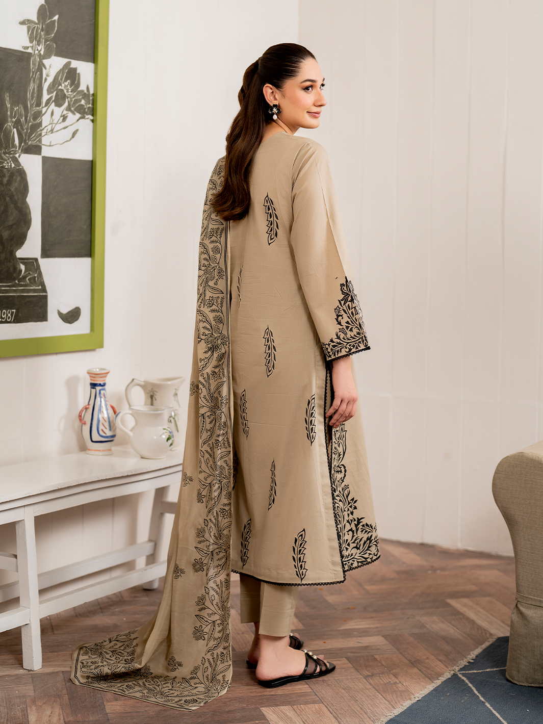 GARNET-3PC DHANAK EMBROIDERED SHIRT WITH COUTRAI PRINT SHAWL AND TROUSER-BIC-4108