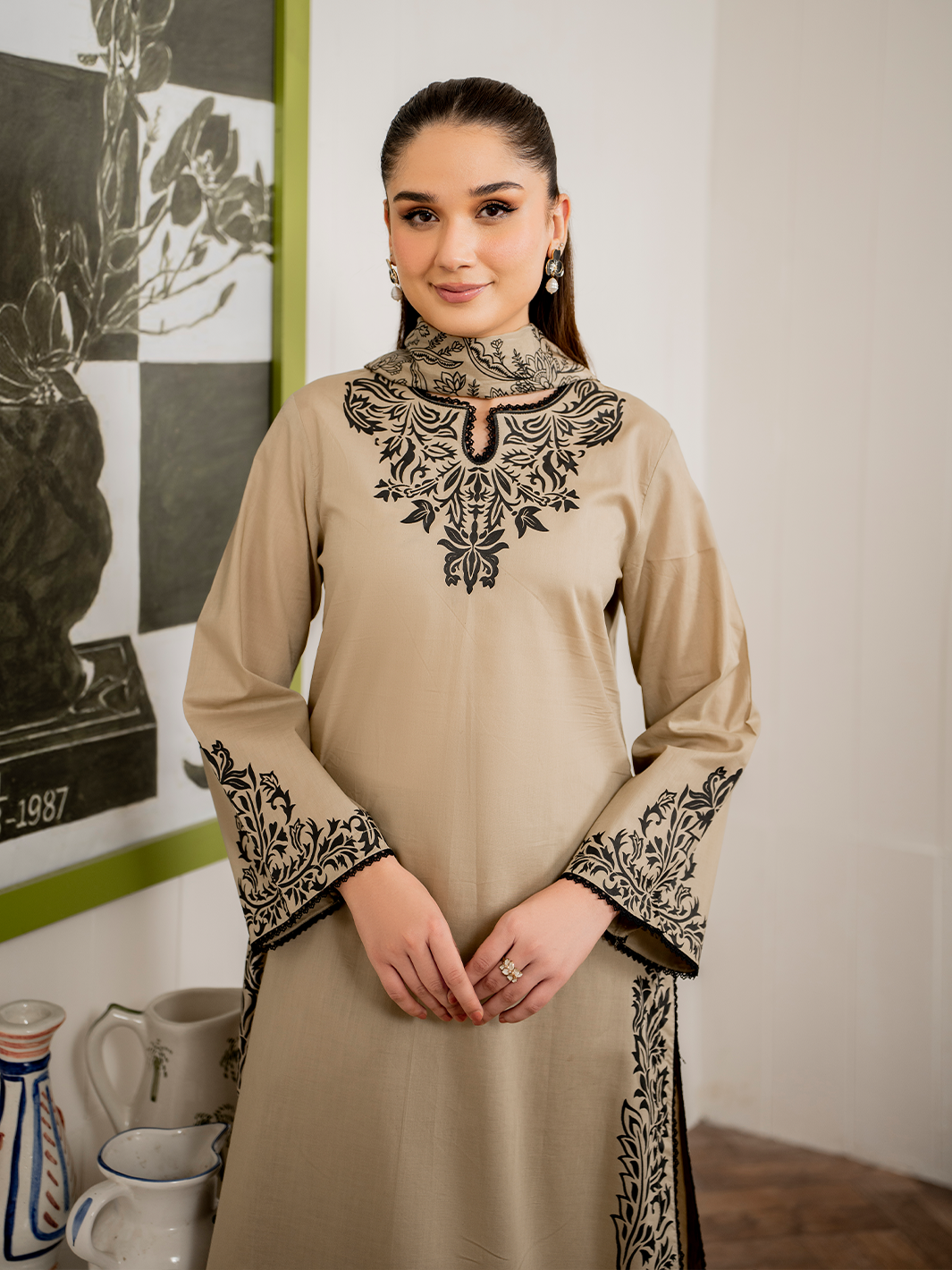 GARNET-3PC LAWN EMBROIDERED SHIRT WITH MONARK PRINT DUPATTA AND TROUSER-BIC- 3515