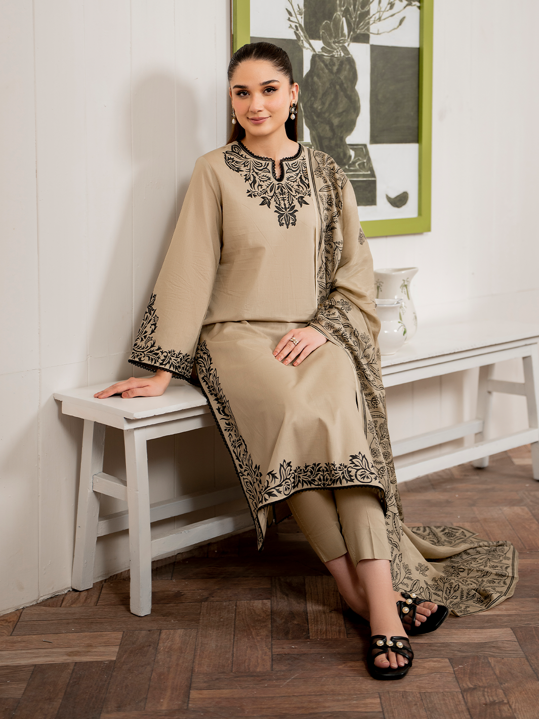 GARNET-3PC DHANAK EMBROIDERED SHIRT WITH COUTRAI PRINT SHAWL AND TROUSER-BIC-4108