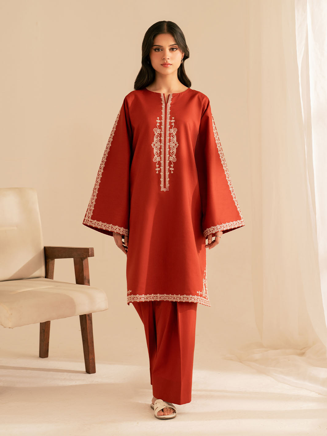 BATIK-2PC DHANAK EMBROIDRED SHIRT WITH DHANAK EMBROIDRED SLEEVES-BIC-121