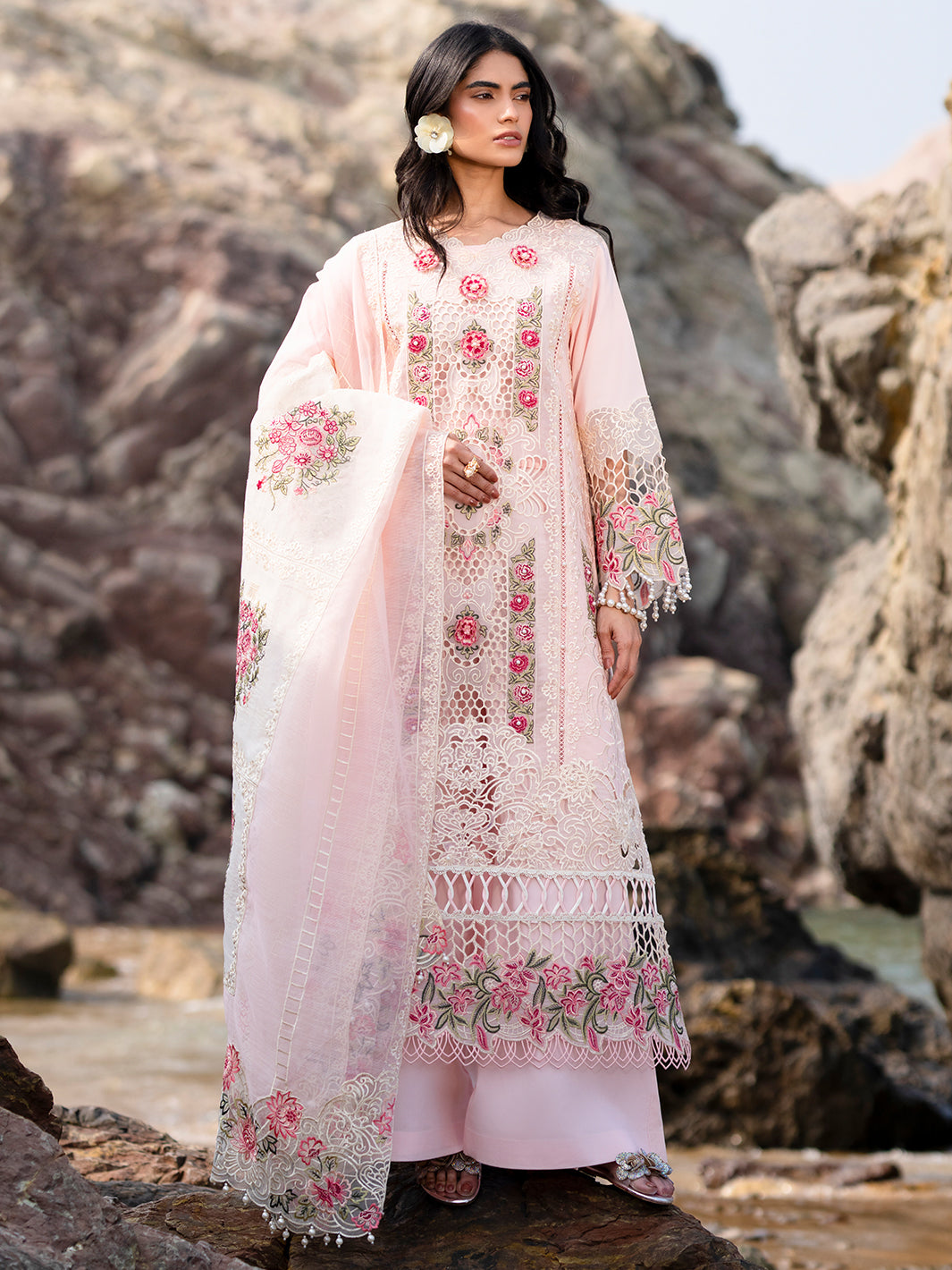 MAHNUR-3PC LAWN LASER WORK EMBROIDERED SHIRT WITH KHAADI NET EMBROIDERED DUPATTA AND TROUSER-BIC-4762