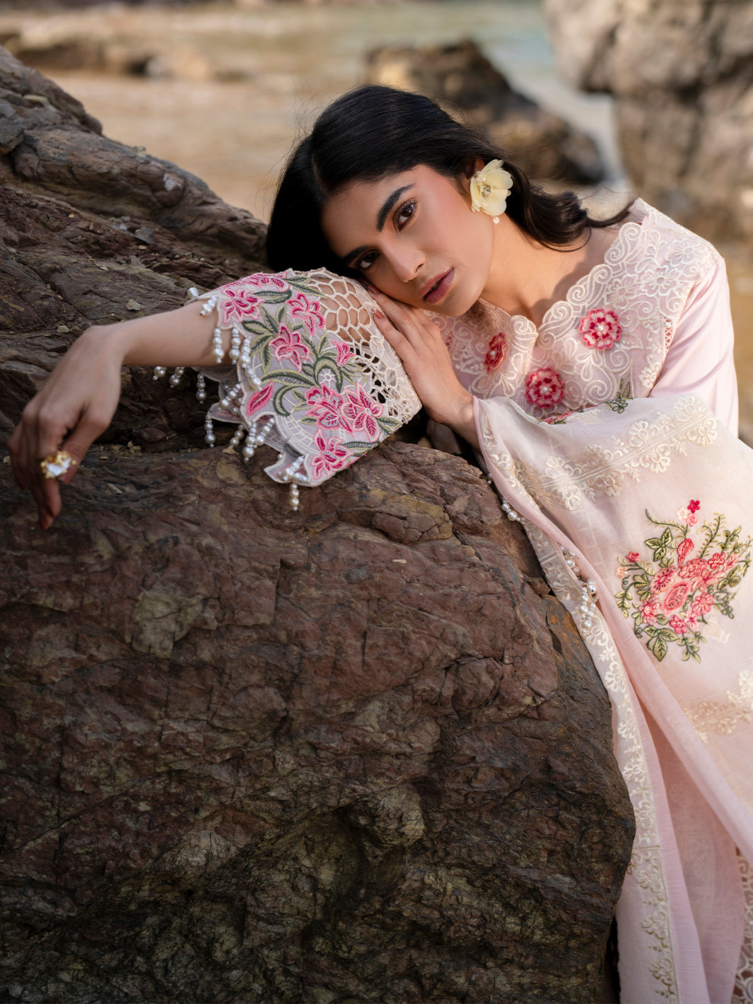 MAHNUR-3PC LAWN LASER WORK EMBROIDERED SHIRT WITH KHAADI NET EMBROIDERED DUPATTA AND TROUSER-BIC-4762