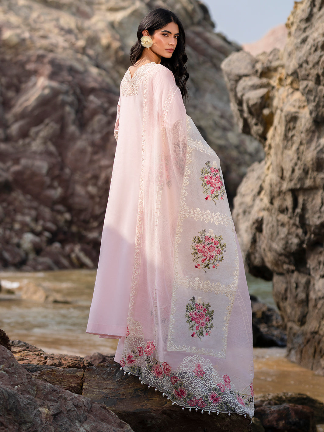 MAHNUR-3PC LAWN LASER WORK EMBROIDERED SHIRT WITH KHAADI NET EMBROIDERED DUPATTA AND TROUSER-BIC-4762