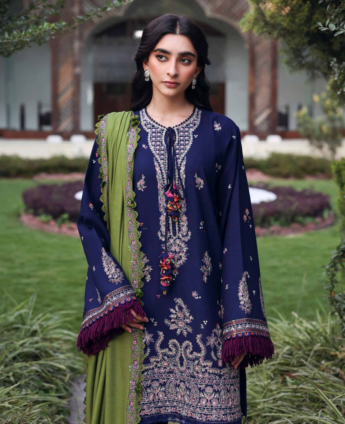 REPUBLIC WOMENSWEAR-3PC KARANDI EMBROIDERED SHIRT WITH KARANDI EMB SHAWL & TROUSER-BIC-5246
