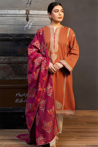 ZARASHAHJAHAN-3PC DHANAK EMBROIDERED SHIRT WITH WOOL PRINTED SHAWL AND TROUSER-BIC-4121