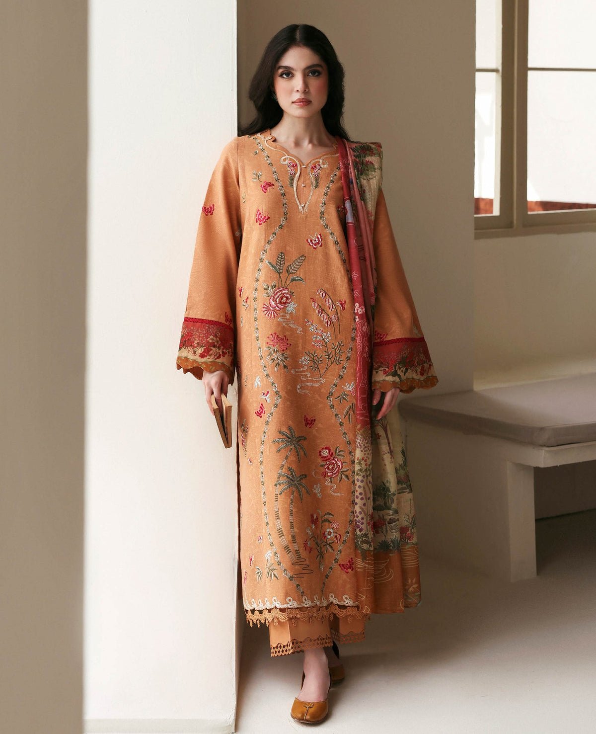 REPUBLIC WOMENSWEAR-3PC KARANDI EMBROIDERED SHIRT WITH COUTRAI PRINTED SHAWL AND TROUSER-BIC-5247