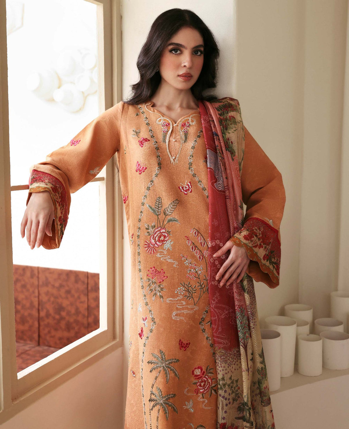 REPUBLIC WOMENSWEAR-3PC KARANDI EMBROIDERED SHIRT WITH COUTRAI PRINTED SHAWL AND TROUSER-BIC-5247