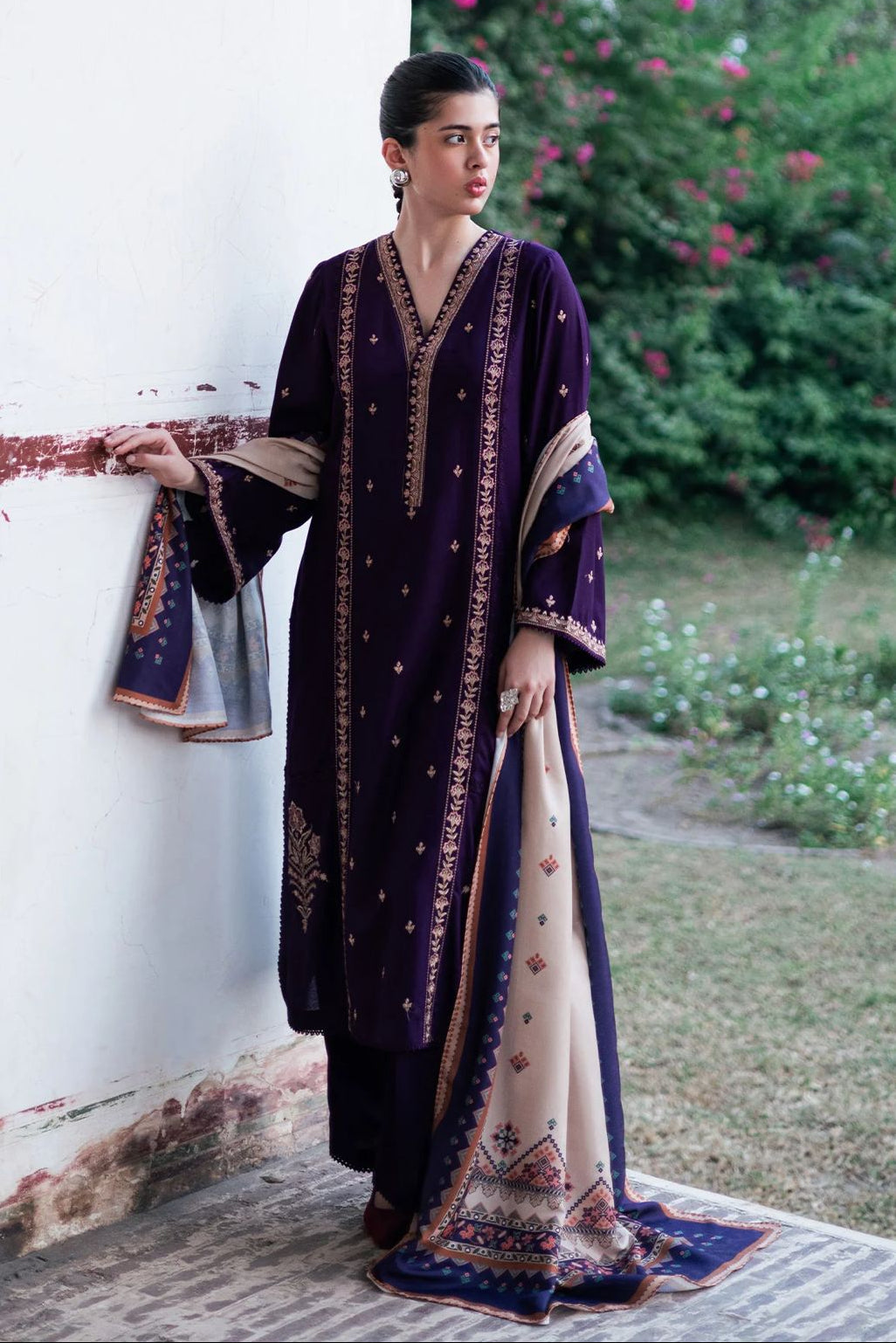 JAZMIN-3PC DHANAK EMBROIDERED SHIRT WITH COURTRAI PRINTED SHAWL & TROUSER-BIC-
