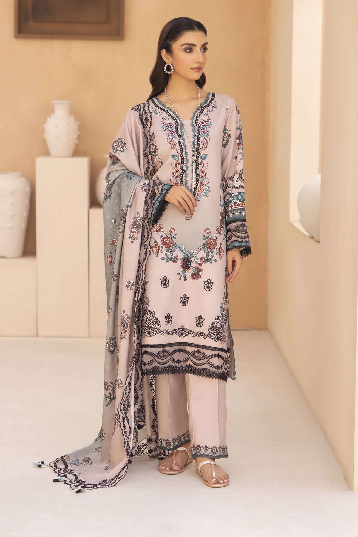 BRANDSINN-3PC KARANDI PRINTED EMBROIDERED SHIRT WITH KARANDI PRINTED EMB SHAWL & PRINTED TROUSER-BIC-0128