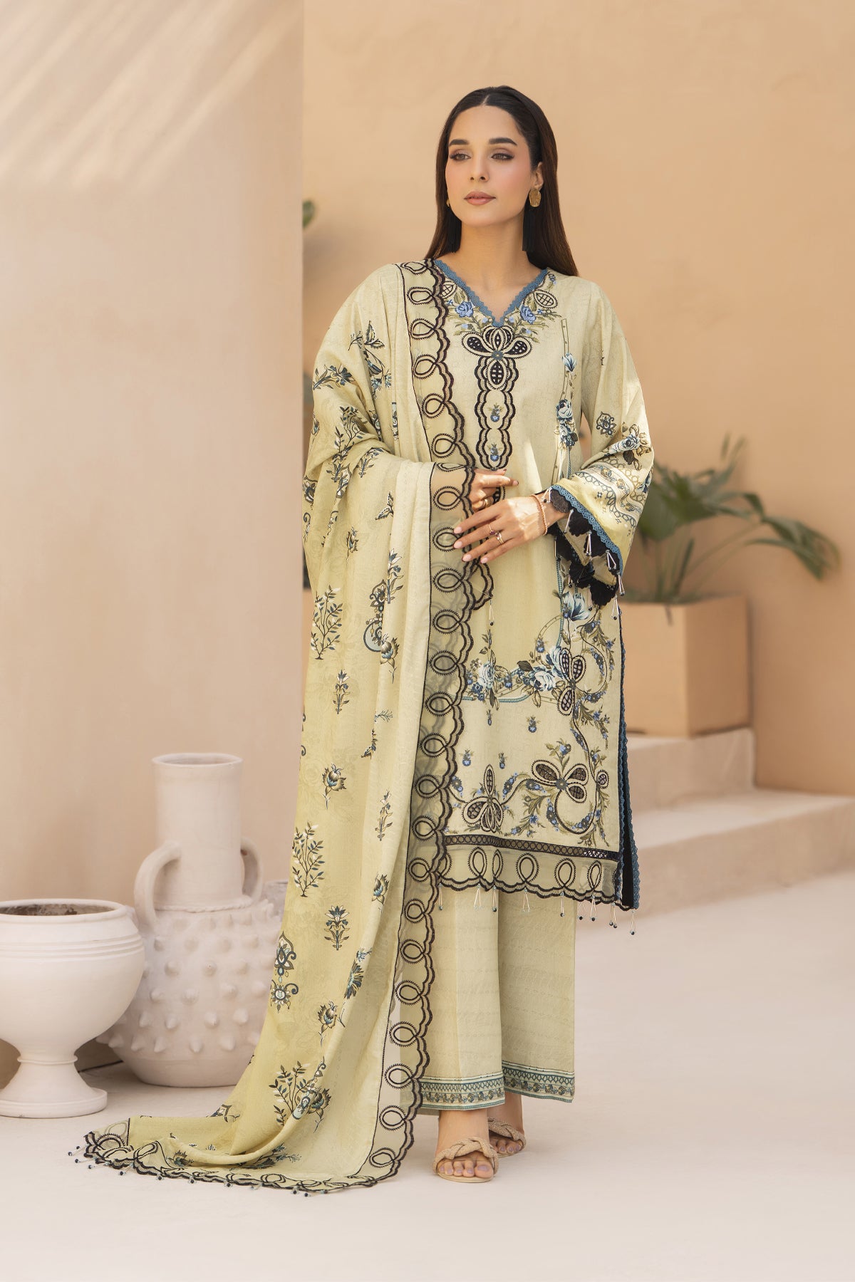 BRANDSINN-3PC KARANDI PRINTED EMBROIDERED SHIRT WITH KARANDI PRINTED EMB SHAWL & PRINTED TROUSER-BIC-0127