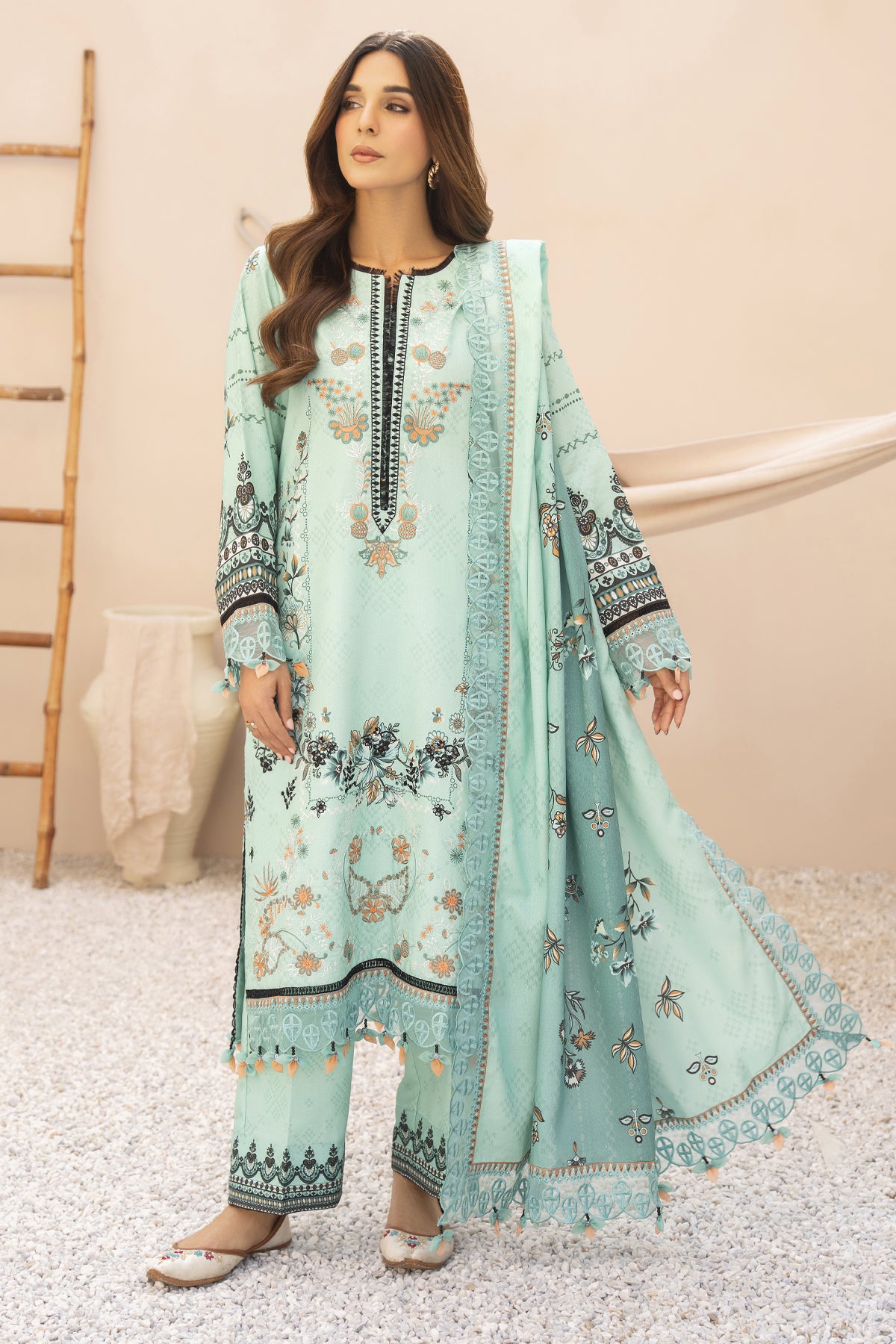 BRANDSINN-3PC KARANDI PRINTED EMBROIDERED SHIRT WITH KARANDI PRINTED EMB SHAWL & PRINTED TROUSER-BIC-0131