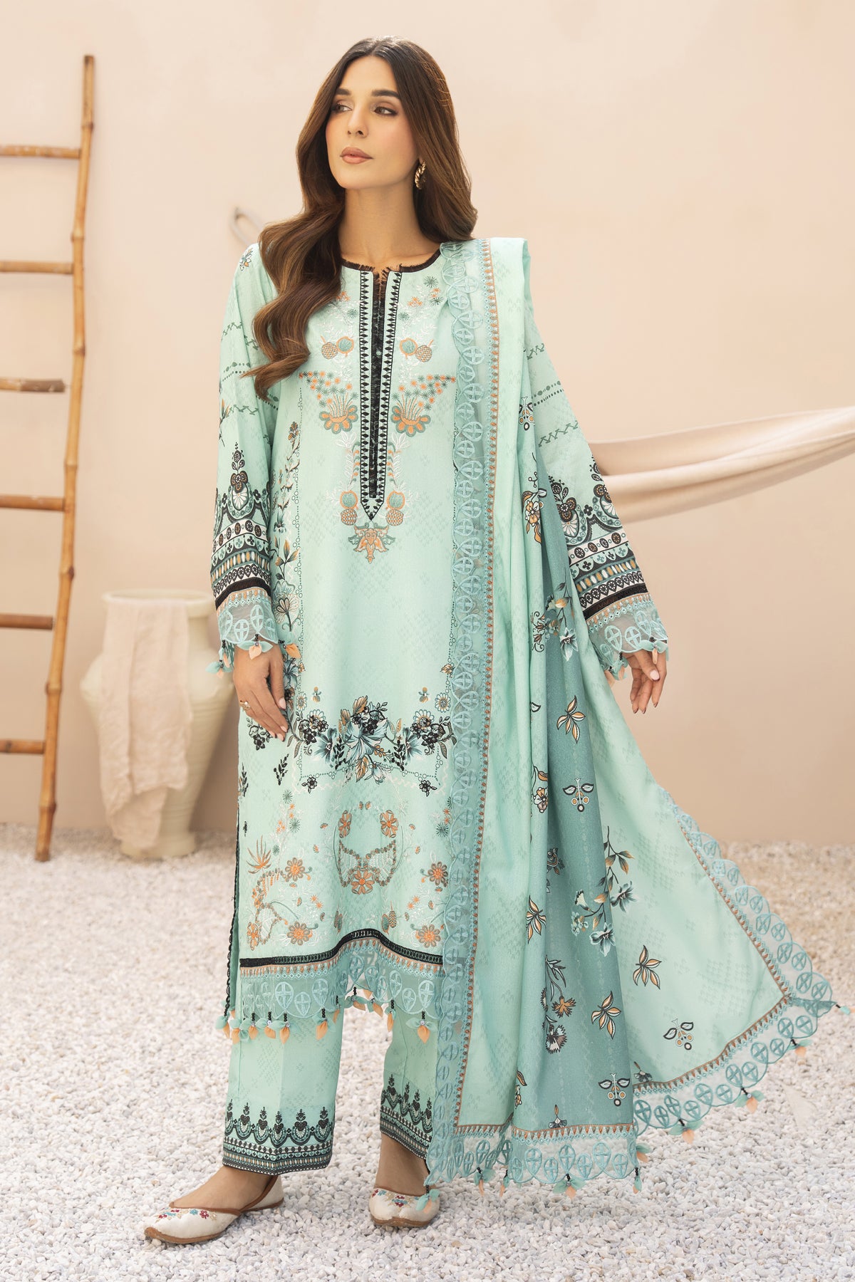 BRANDSINN-3PC KARANDI PRINTED EMBROIDERED SHIRT WITH KARANDI PRINTED EMB SHAWL & PRINTED TROUSER-BIC-0131