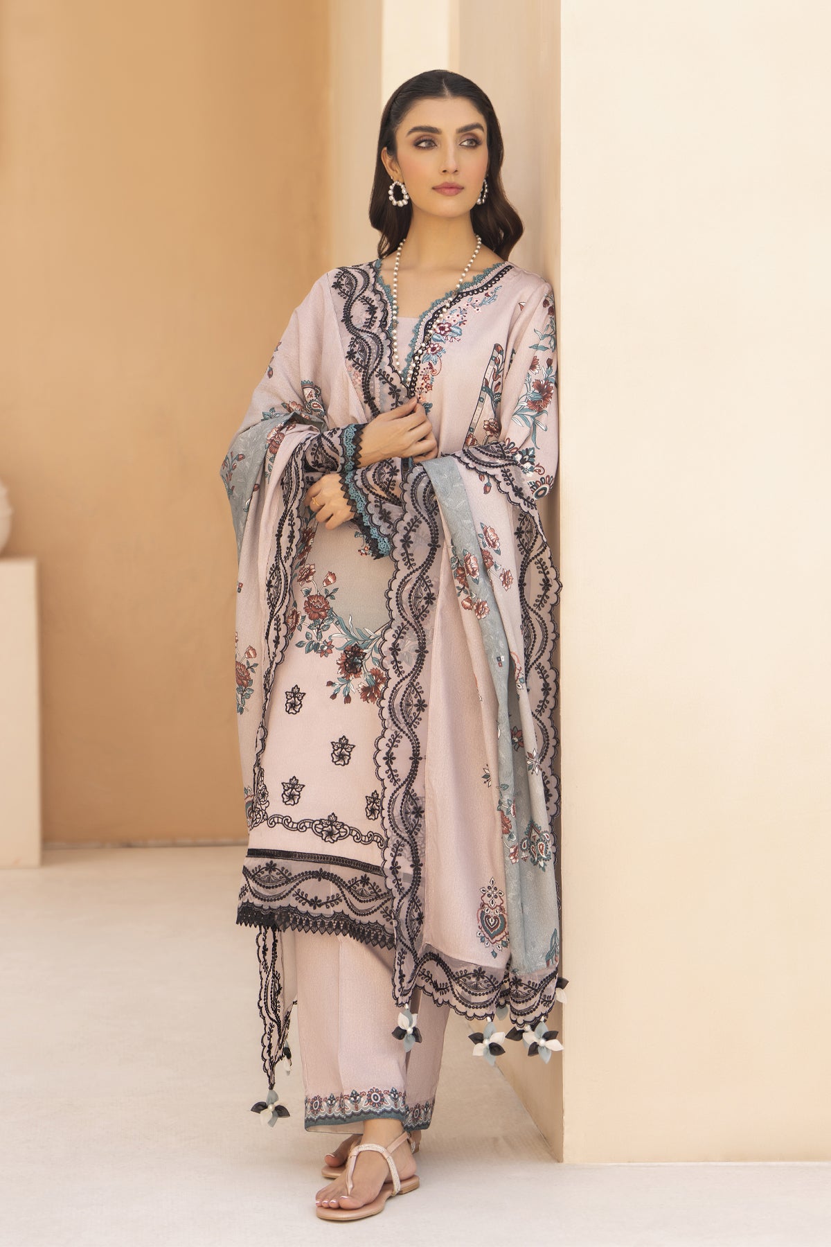 BRANDSINN-3PC KARANDI PRINTED EMBROIDERED SHIRT WITH KARANDI PRINTED EMB SHAWL & PRINTED TROUSER-BIC-0128