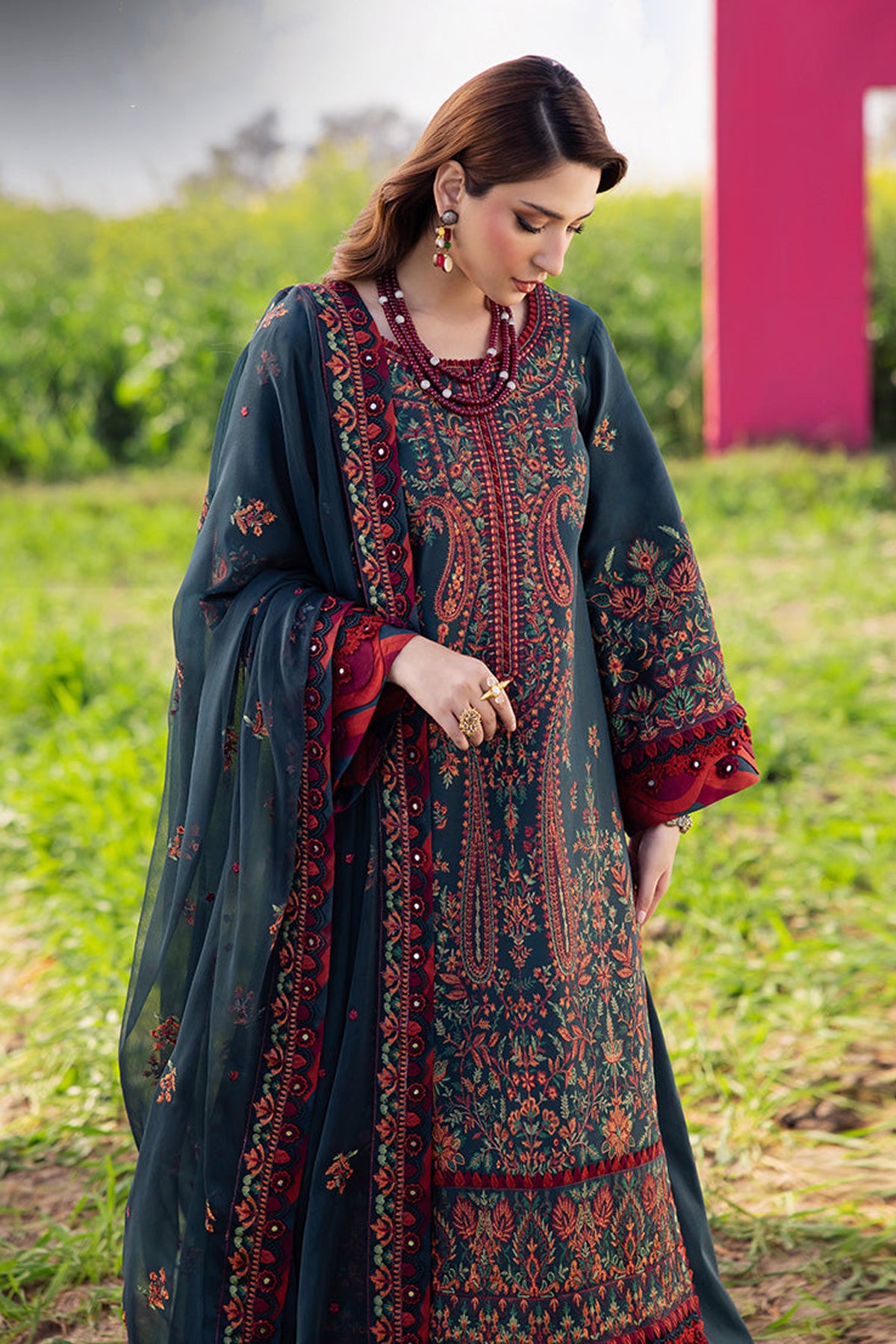 ASIM JOFA-3PC DHANAK EMBROIDERED SHIRT WITH DHANAK EMBROIDERED SHAWL AND TROUSER -BIC-4191