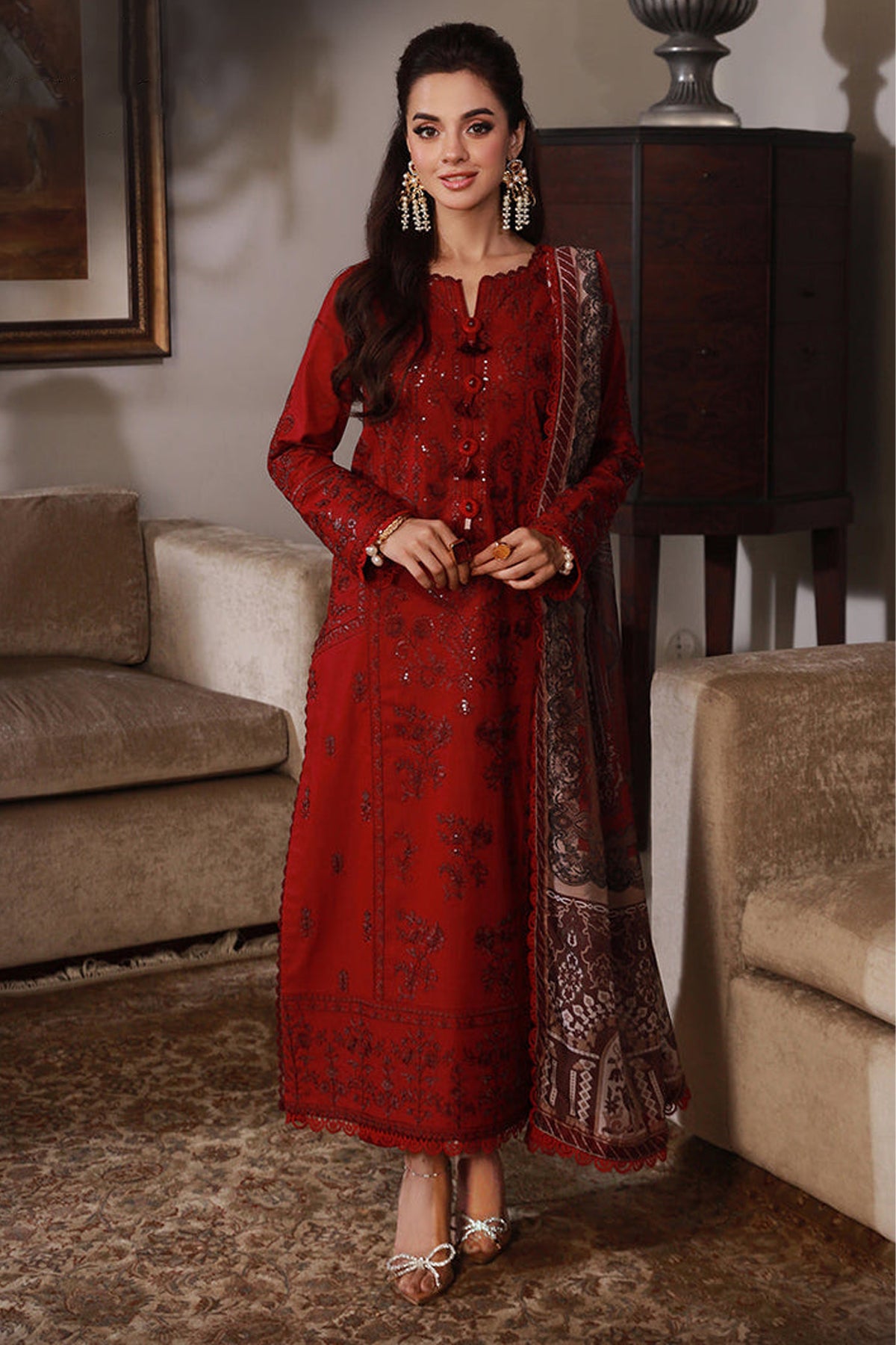 ASIM JOFA-3PC DHANAK SEQUIN EMBROIDRED SHIRT WITH COURTRAI PRINTED SHAWL AND TROUSER-BIC-4228