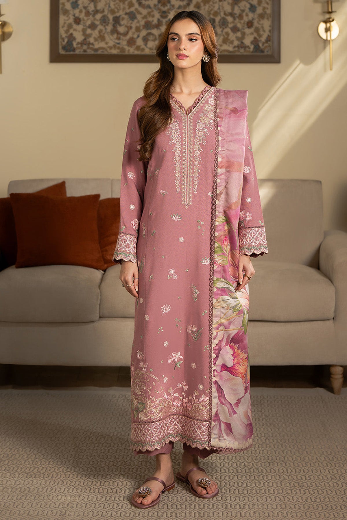 JAZMIN-3PC DHANAK EMBROIDERED SHIRT WITH WOOL PRINTED SHAWL AND TROUSER-BIC-5023