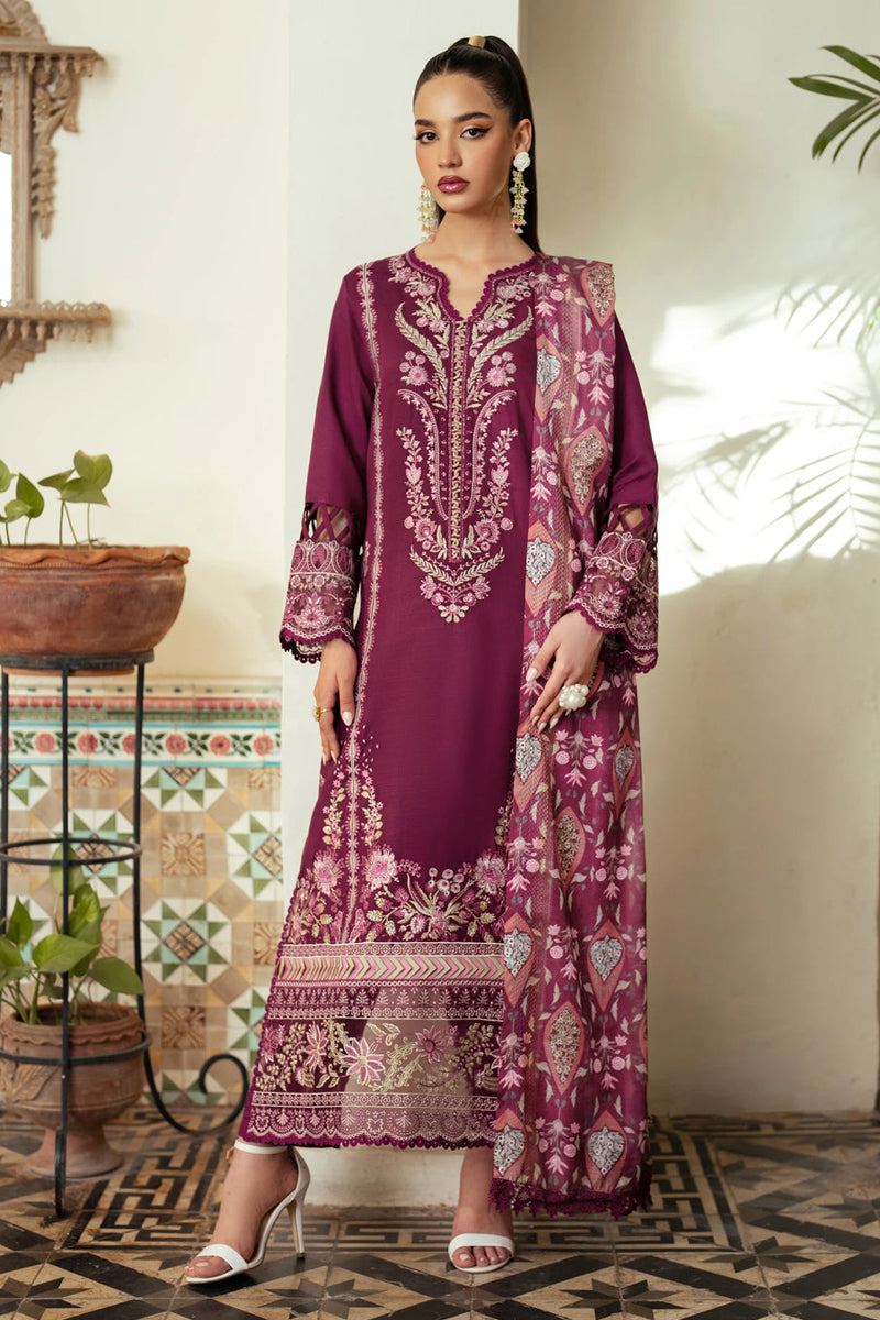 JAZMIN-3PC DHANAK EMBROIDERED SHIRT WITH COURTRAI WOOL PRINTED SHAWL AND TROUSER-BIC-4185