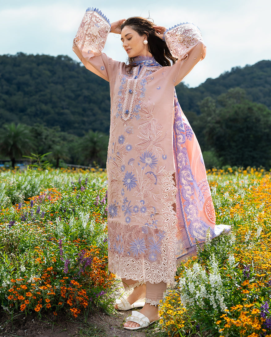 MUSHQ-3PC LAWN LASERWORK EMBROIDERED SHIRT WITH CHIFFON PRINTED DUPATTA AND TROUSER-BIC-4782