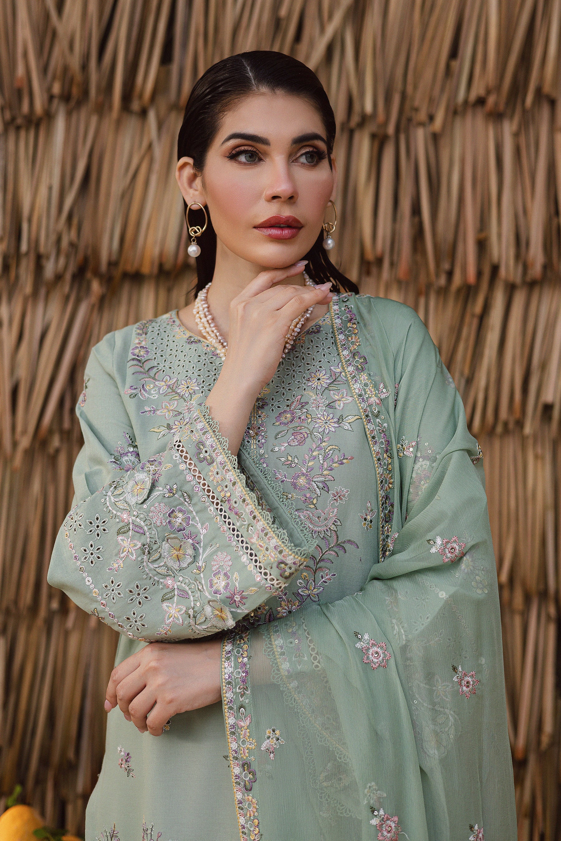 BATIK-3PC DHANAK EMBROIDERED SHIRT WITH DHANAK SHAWL AND EMB TROUSER-BIC-4347