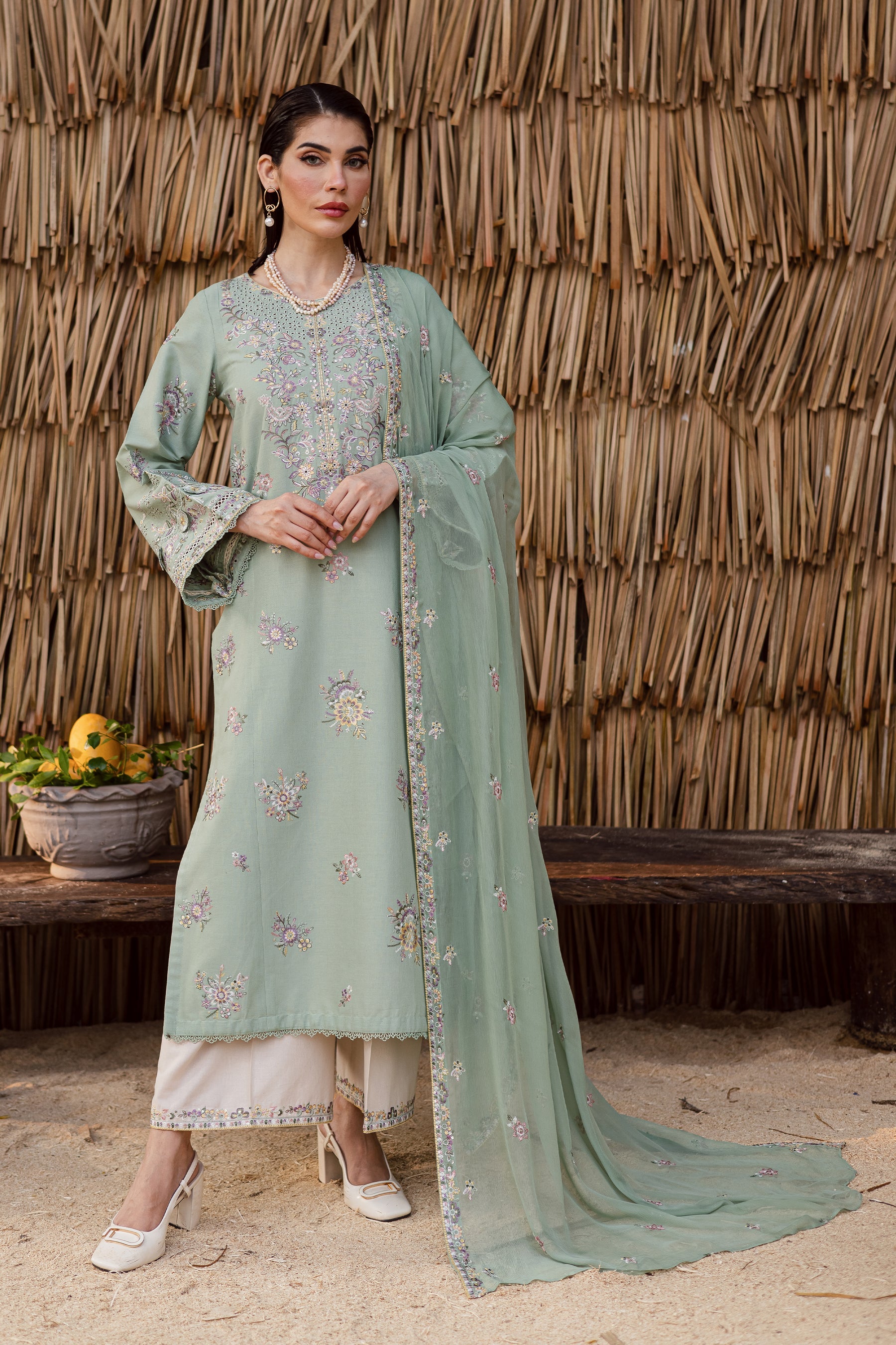 BATIK-3PC DHANAK EMBROIDERED SHIRT WITH DHANAK SHAWL AND EMB TROUSER-BIC-4347