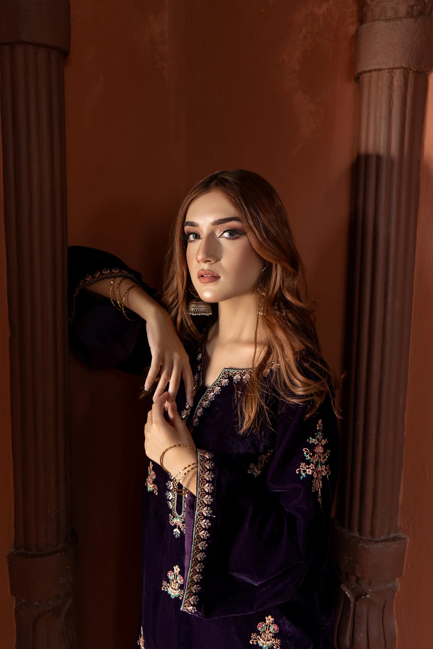 URGE - 2PC VELVET HEAVT EMBROIDERED SHIRT WITH VELEVT EMBROIDERED SLEEVES & VELVET TROUSER-BIC-D22 MICROO 9000