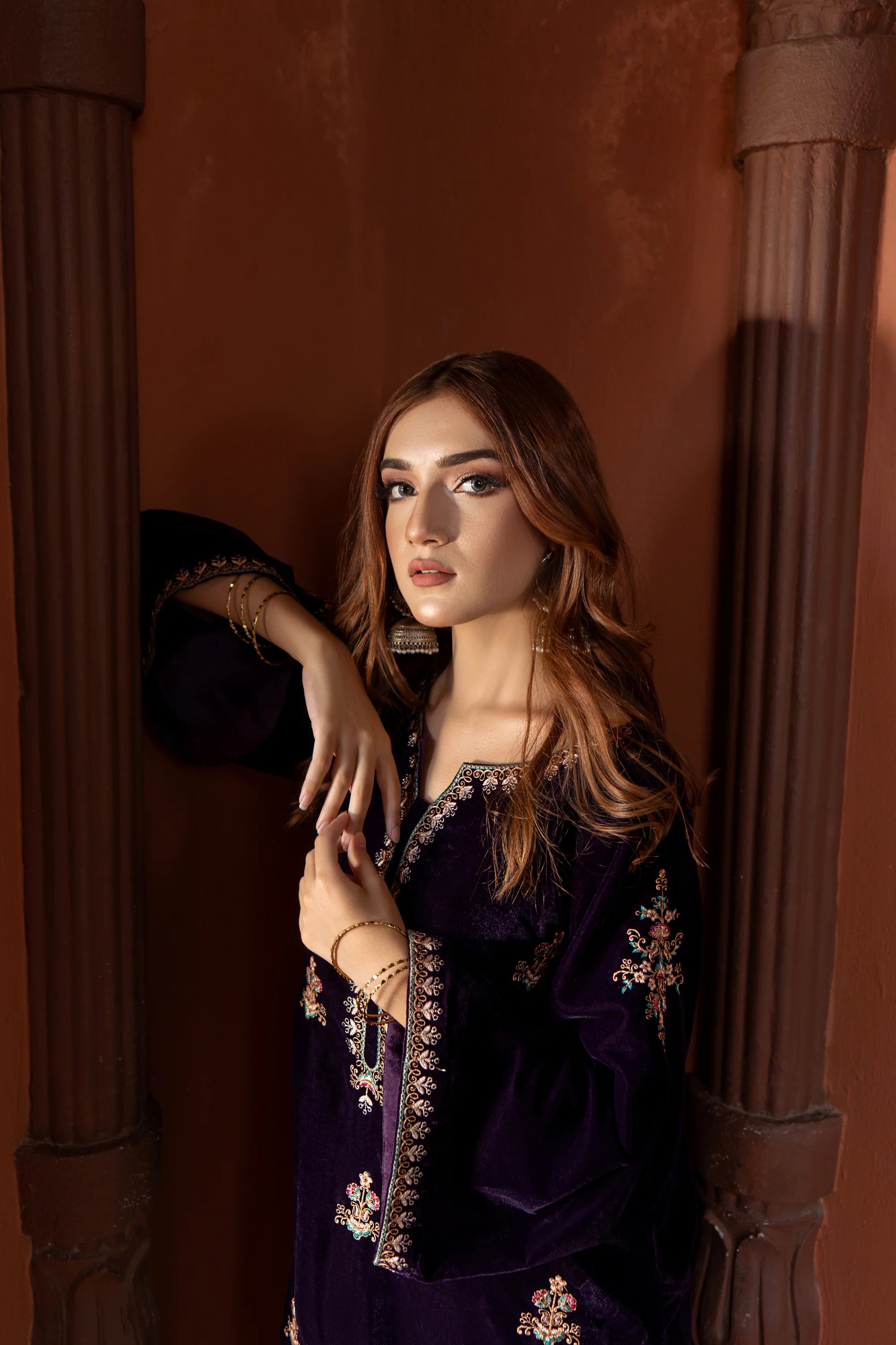 URGE - 2PC VELVET HEAVT EMBROIDERED SHIRT WITH VELEVT EMBROIDERED SLEEVES & VELVET TROUSER-BIC-D22 MICROO 9000