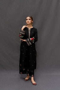 URGE-3PC DHANAK EMBROIDERED SHIRT WITH COUTRAI PRINTED SHAWL AND EMB TROUSER-BIC-4073