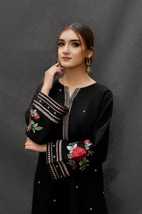 URGE-3PC DHANAK EMBROIDERED SHIRT WITH COUTRAI PRINTED SHAWL AND EMB TROUSER-BIC-4073