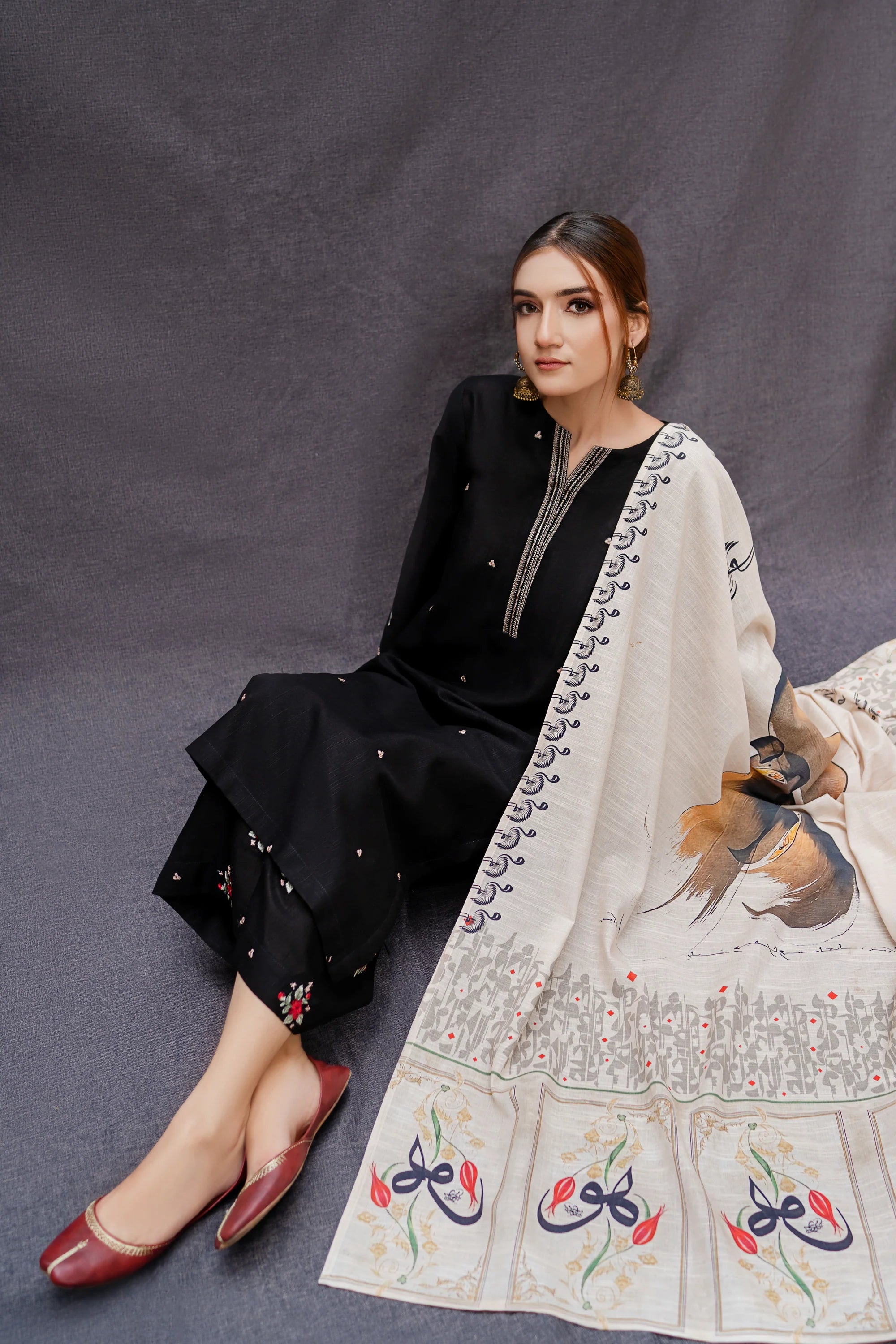 URGE-3PC DHANAK EMBROIDERED SHIRT WITH COUTRAI PRINTED SHAWL AND EMB TROUSER-BIC-4073