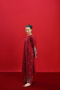 URGE-3PC DHANAK EMBROIDERED SHIRT WITH COURTRAI PRINTED SHAWL & EMB TROUSER-BIC-3363