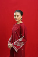 URGE-3PC DHANAK EMBROIDERED SHIRT WITH COURTRAI PRINTED SHAWL & EMB TROUSER-BIC-3363