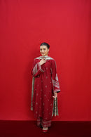 URGE-3PC DHANAK EMBROIDERED SHIRT WITH COURTRAI PRINTED SHAWL & EMB TROUSER-BIC-3363