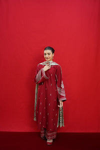 URGE-3PC DHANAK EMBROIDERED SHIRT WITH COURTRAI PRINTED SHAWL & EMB TROUSER-BIC-3363