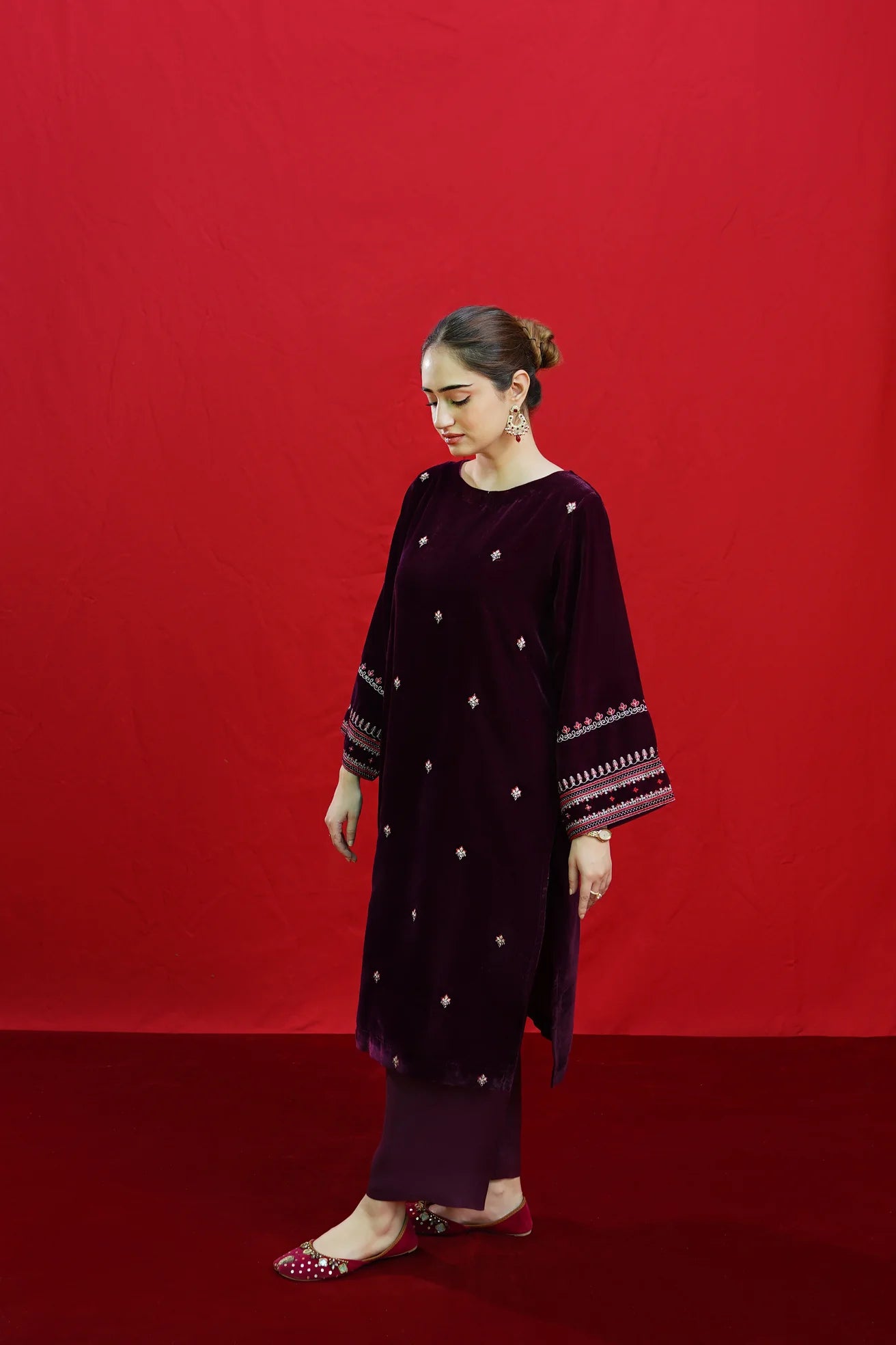 URGE-2PC VELVET EMBROIDERED SHIRT WITH VELEVT EMBROIDERED SLEEVES-BIC-D-19-MICROO-9000