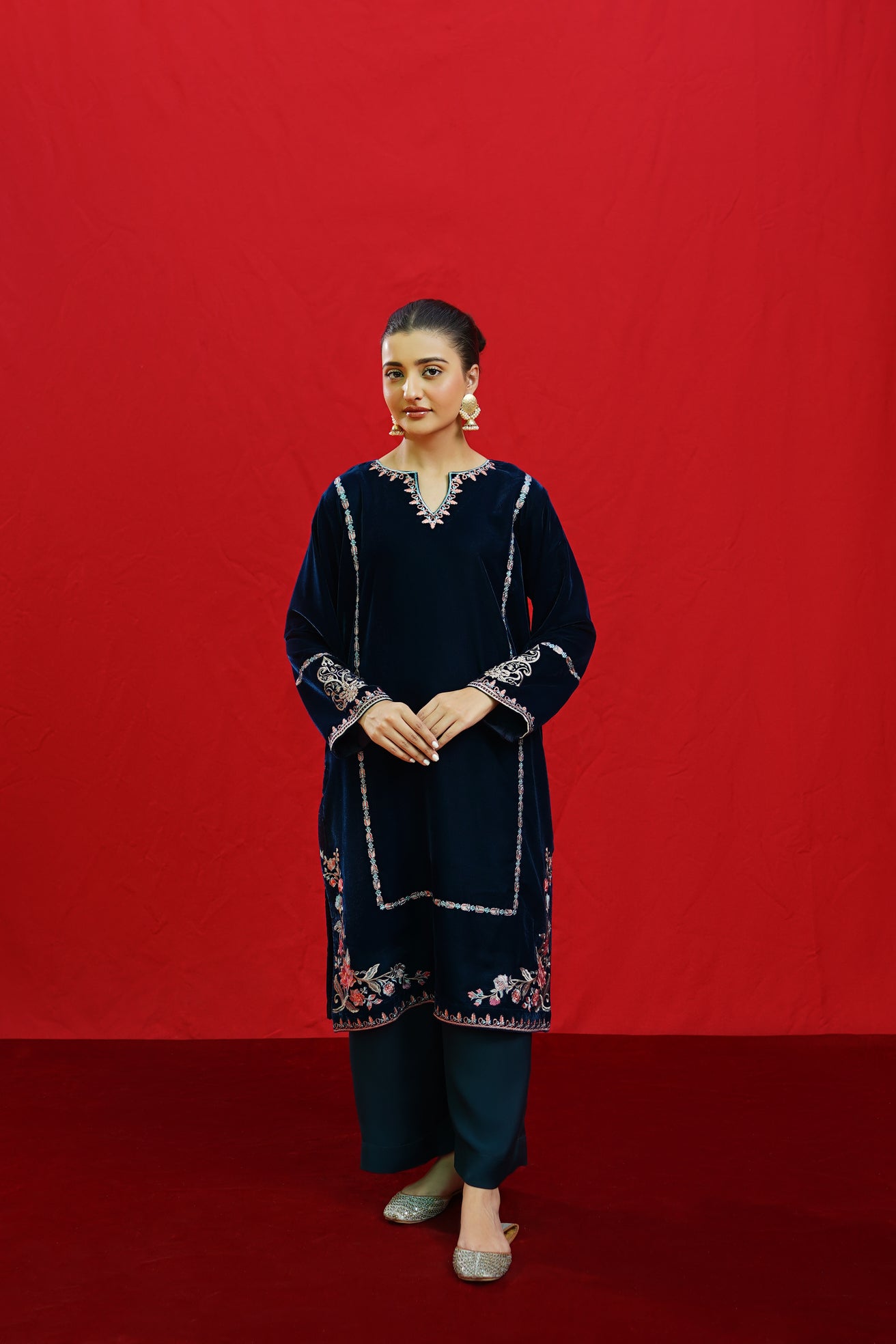 URGE -2PC Velvet Heavy Embroidered Shirt With Velvet Embroidered Sleeves-BIC-D23