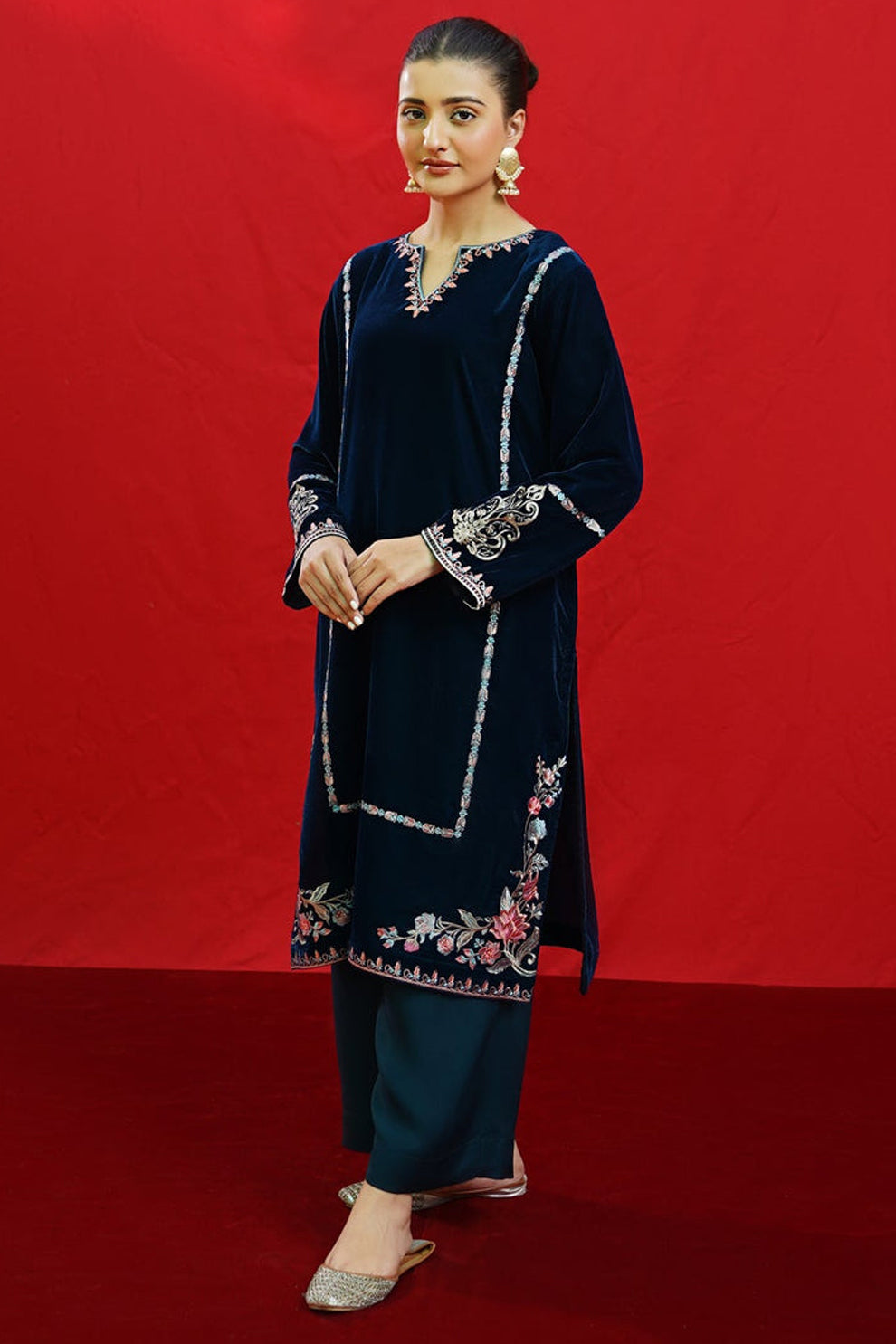 URGE -2PC Velvet Heavy Embroidered Shirt With Velvet Embroidered Sleeves-BIC-D23