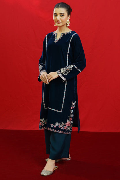 URGE -2PC Velvet Heavy Embroidered Shirt With Velvet Embroidered Sleeves-BIC-D23