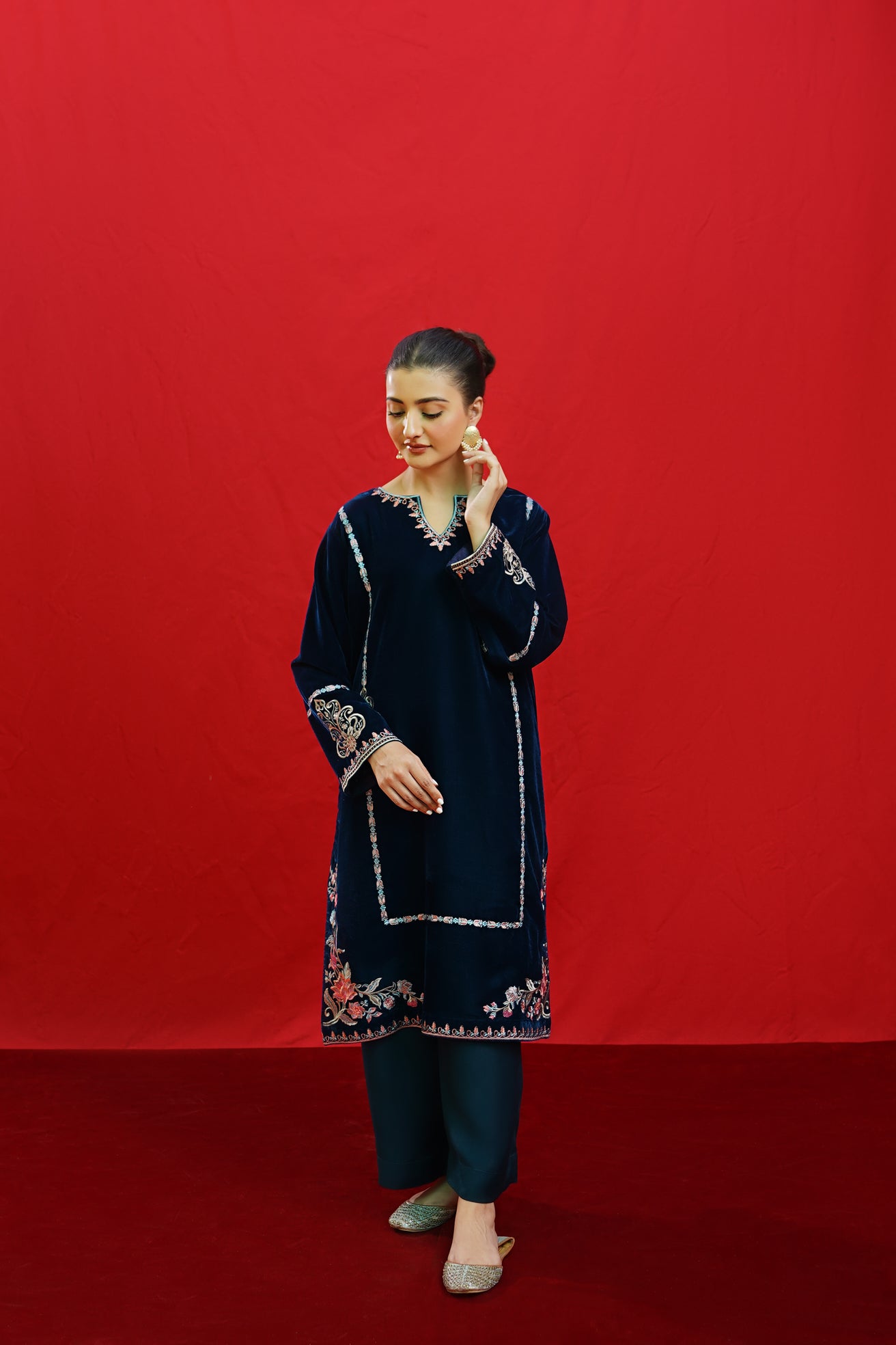 URGE -2PC Velvet Heavy Embroidered Shirt With Velvet Embroidered Sleeves-BIC-D23