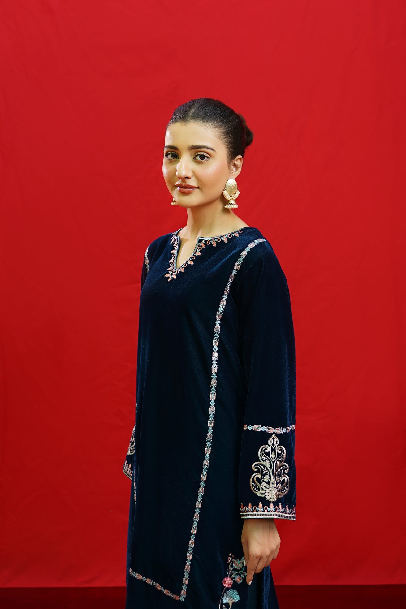 URGE -2PC Velvet Heavy Embroidered Shirt With Velvet Embroidered Sleeves-BIC-D23