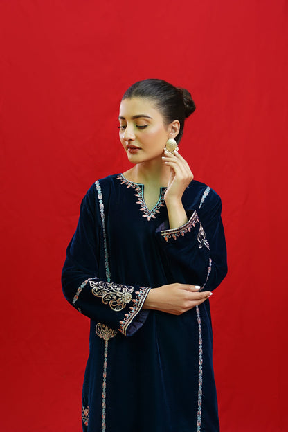 URGE -2PC Velvet Heavy Embroidered Shirt With Velvet Embroidered Sleeves-BIC-D23